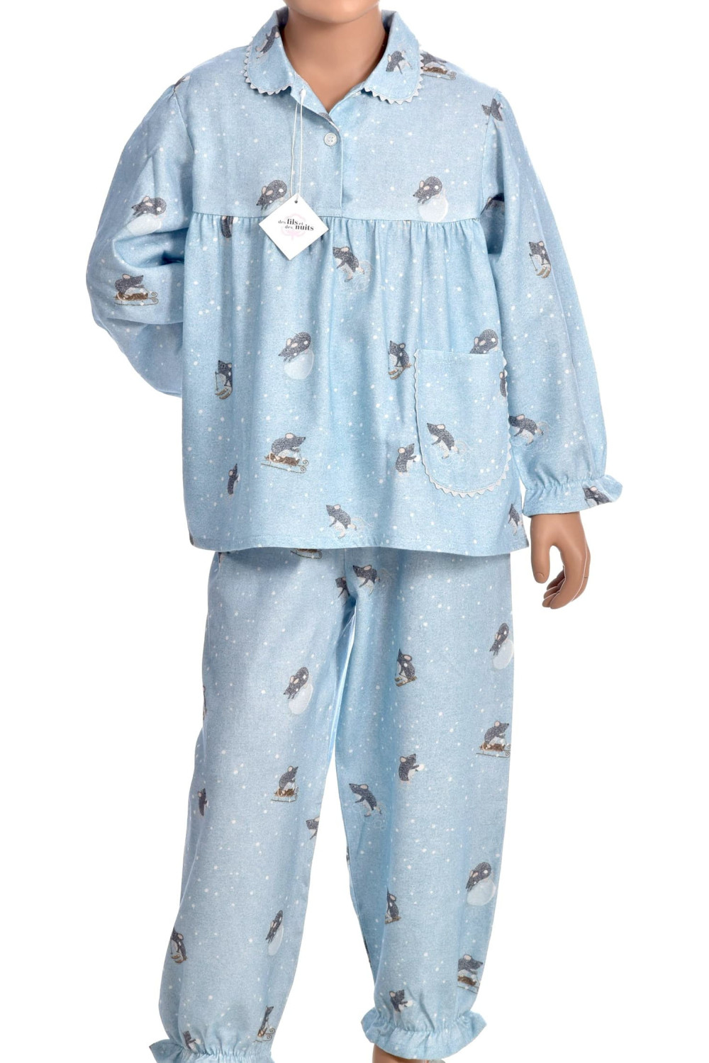 Pyjama fille pour l'hiver, pilou ou flanelle 100% coton, imprimé Souris