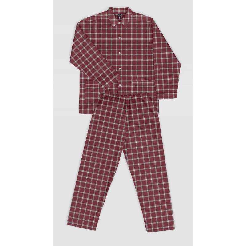 Pyjama long homme en flanelle , carreaux "rouge de mars"