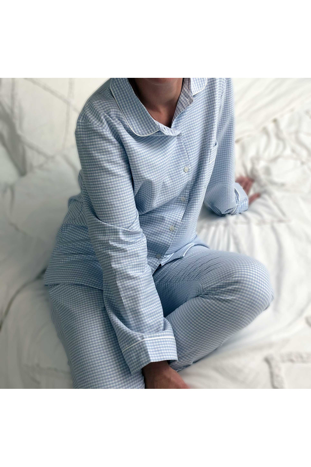 Meisje sticker Auckland Pyjama long pour femme pilou 100% coton- Fil teint Vichy Bleu hiver
