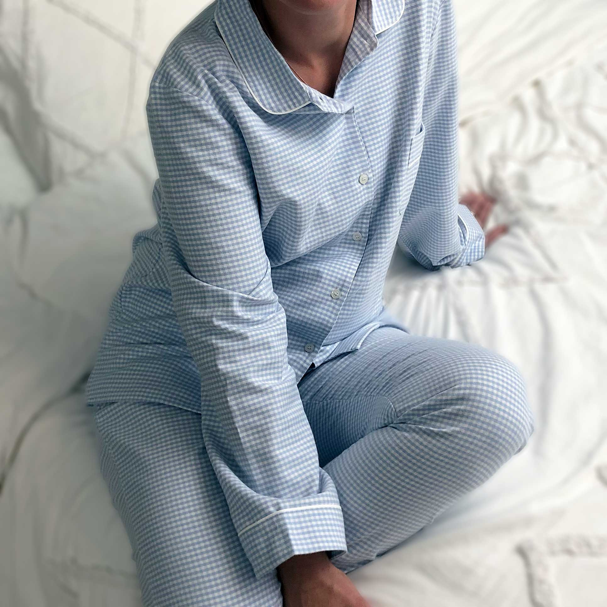 Klik vieren Marine Pyjama long pour femme pilou 100% coton- Fil teint Vichy Bleu hiver