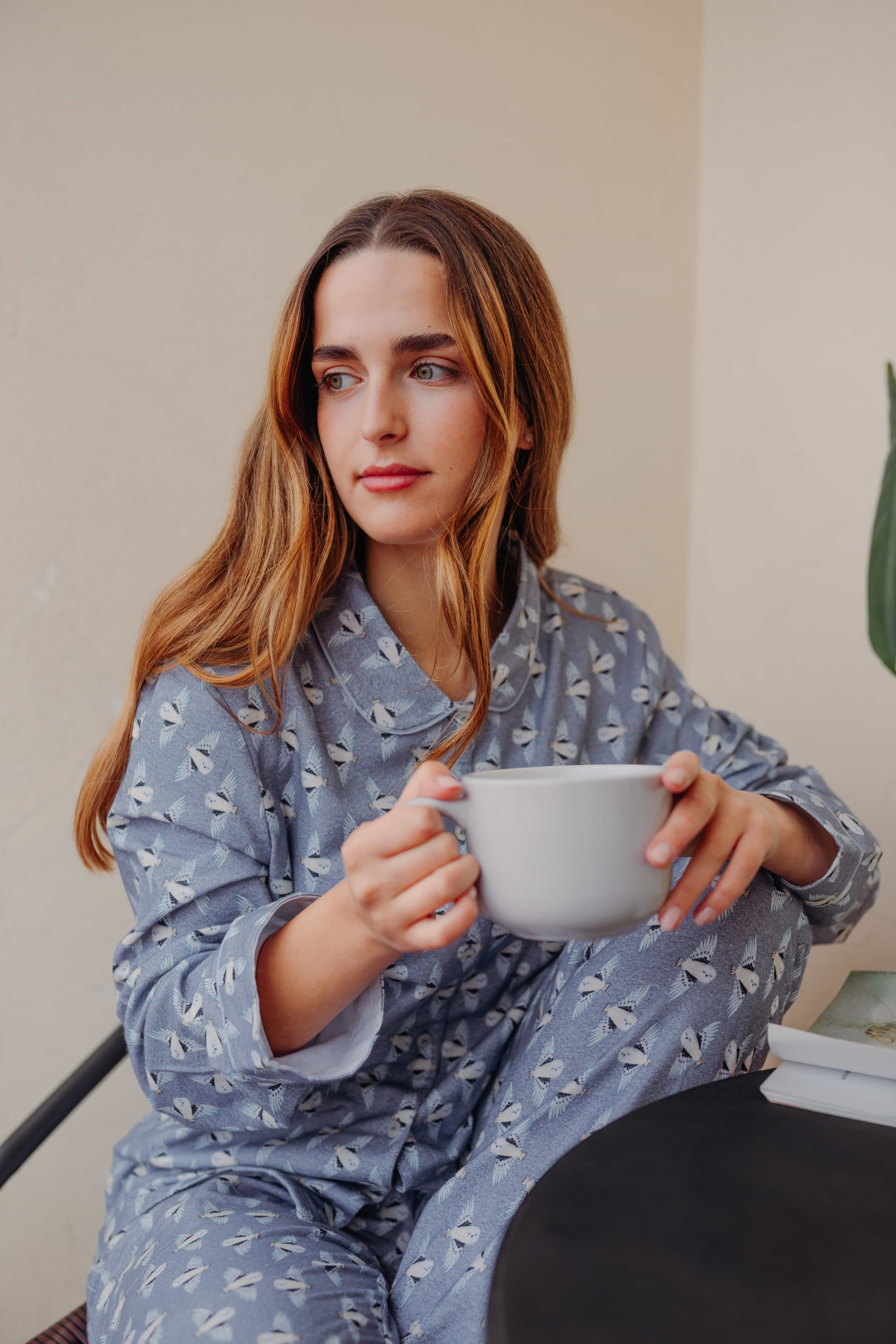 Pyjama long femme pilou100% coton - Coupe classique, coloris Vol de nuit
