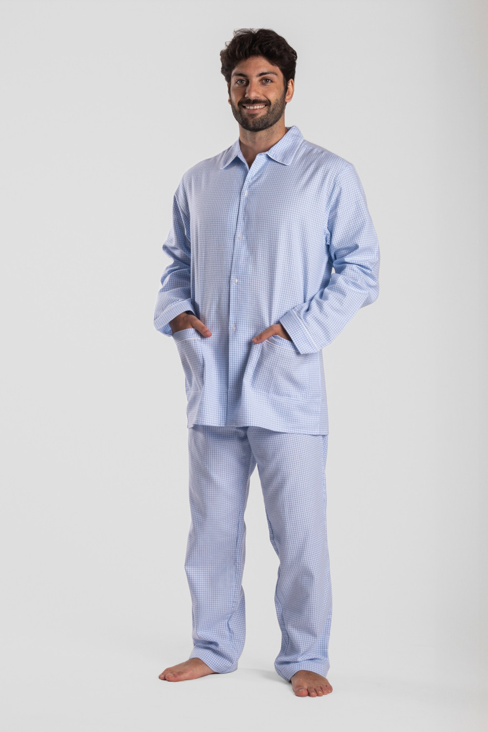 Pyjama long homme, en flanelle Vichy bleu