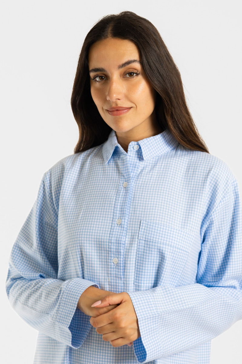 Chemise de nuit femme, forme liquette en pilou, Vichy bleu