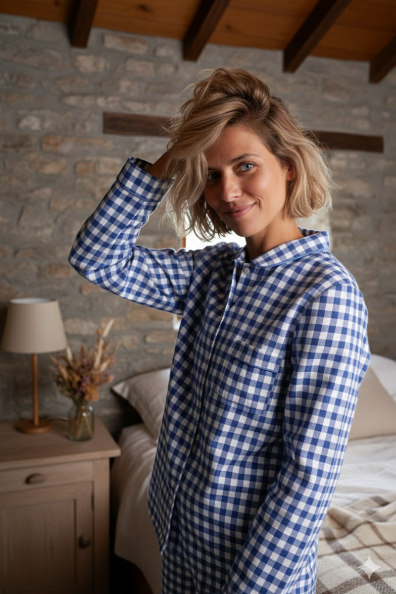 Pyjama femme en pilou, Carreaux jean