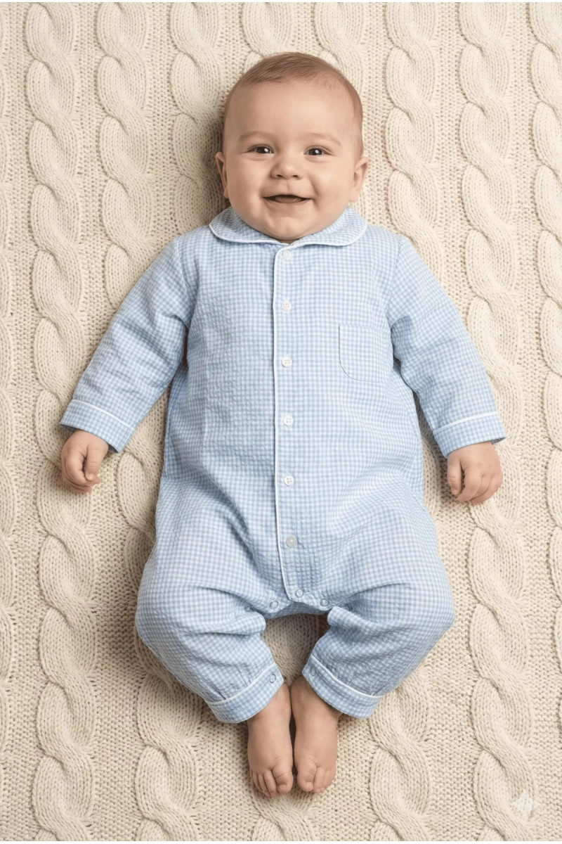 Pyjama combi bébé pilou, Vichy bleu